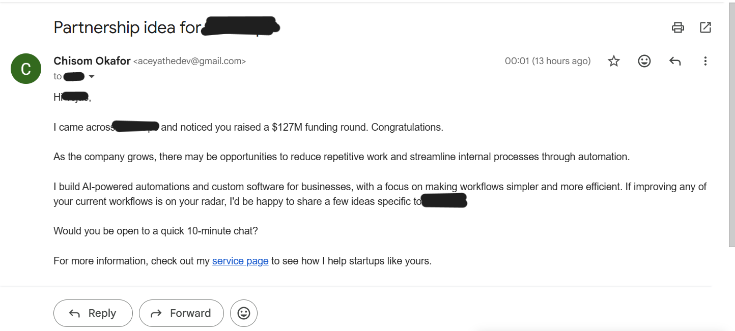 AI-generated personalised lead outreach email